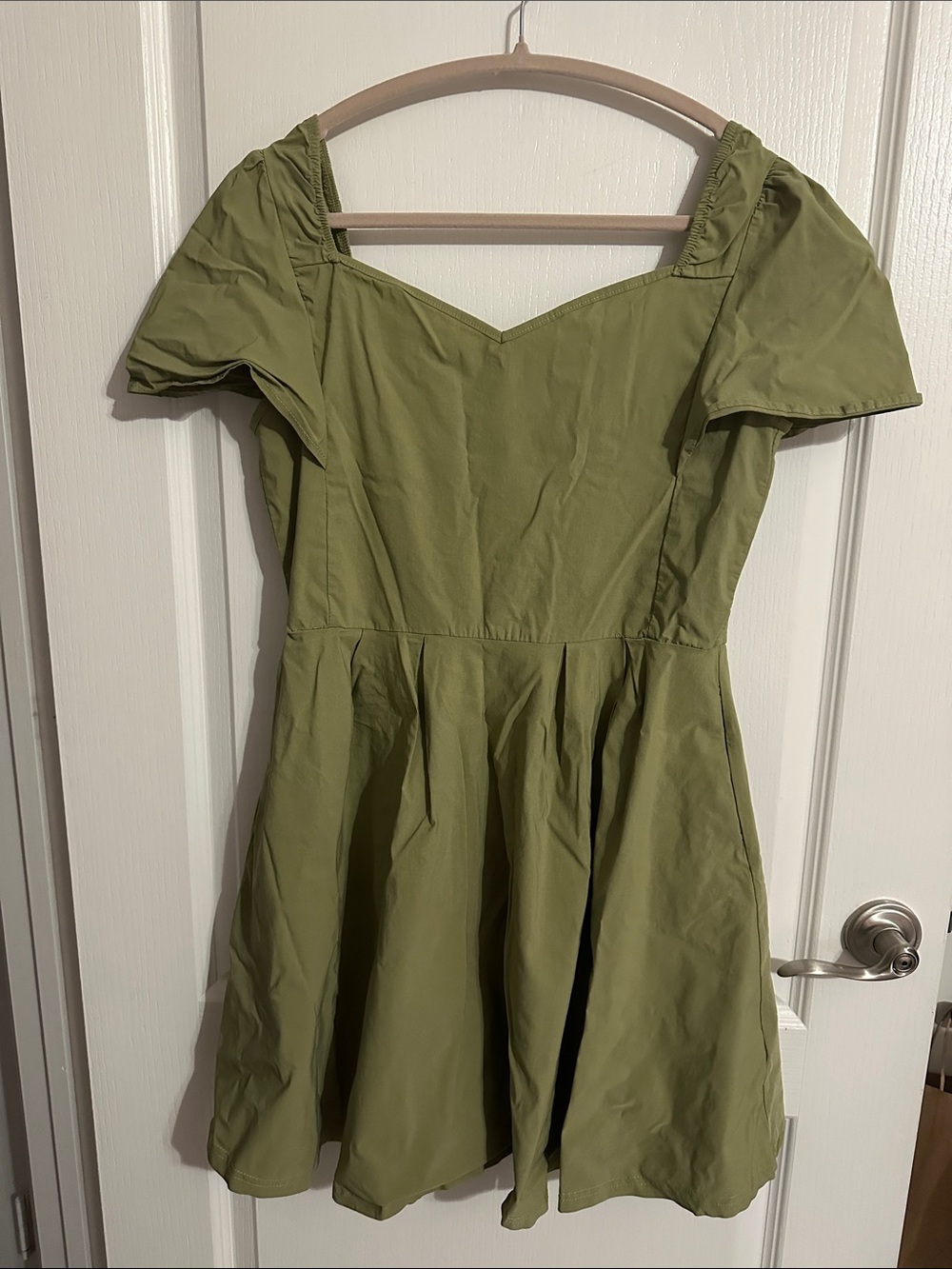 Olive Green Puff Sleeve Fit-and-Flare Dress